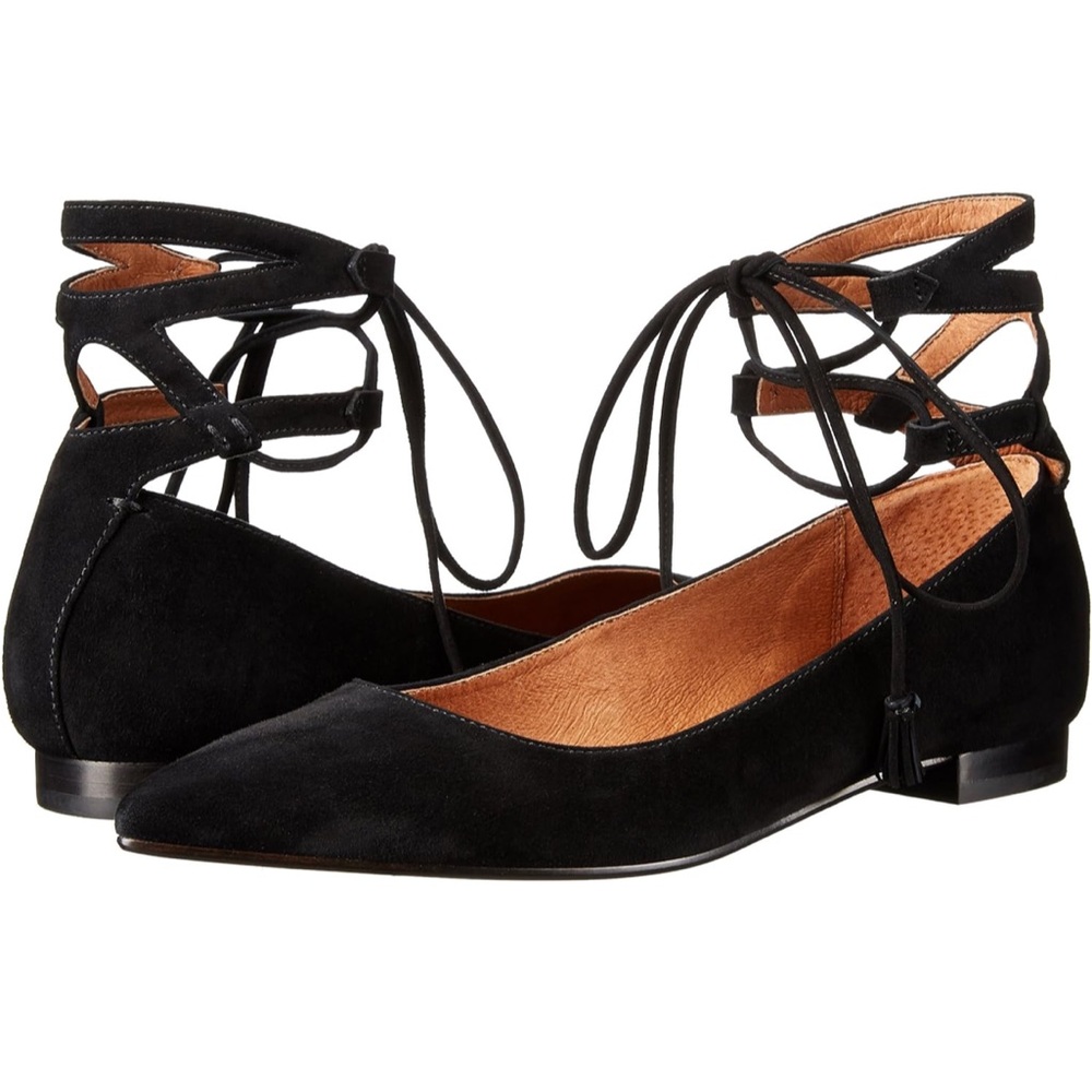 FRYE Women's Sienna Ghillie Ballet Suede Flat, Black Size 7